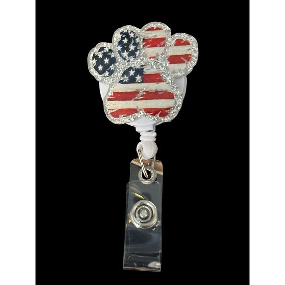 Playful Paw Print Patriotic Badge Reel – Acrylic Retractable ID Holder - Picture 1 of 3